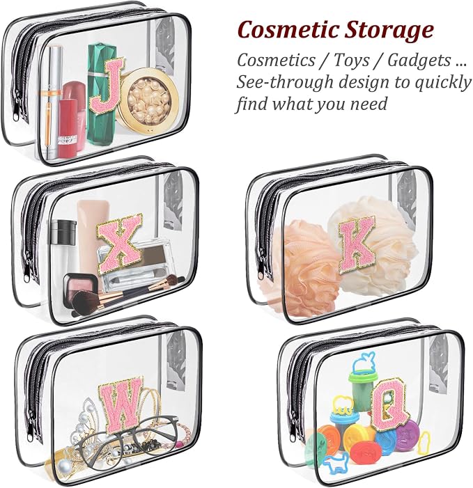 Clear Toiletry Bag,Portable Travel Toiletry Bag,Chenille Letter Cosmetic Bag with Zipper,Waterproof Makeup Bag,Cosmetic Storage Organizer for Women Men,Travel Essentials (Black,R)
