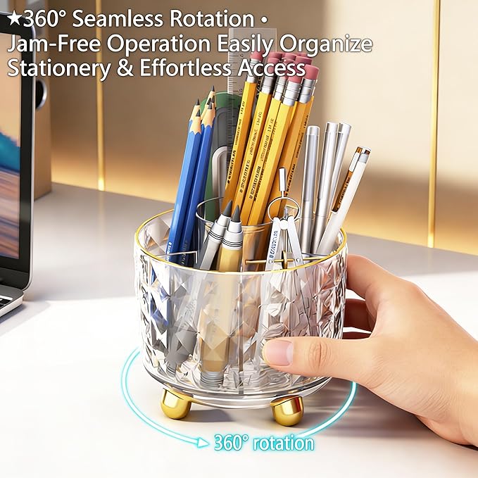 360° Rotating Pencil Holder for Desk, Makeup Brush Holder with 6 Slots, Desk Organizer for Writing Utensil, Office and School Supplies (Transparent)