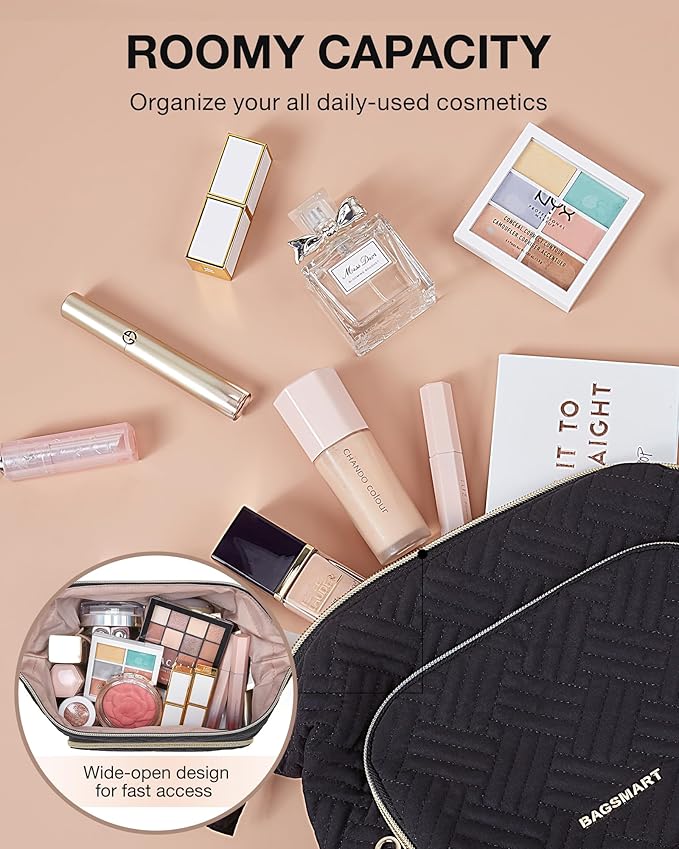 BAGSMART Travel Makeup Bag, Cosmetic Bag Small Make Up Organizer Case,Wide-open Pouch for Women Purse for Toiletries Accessories Brushes Black