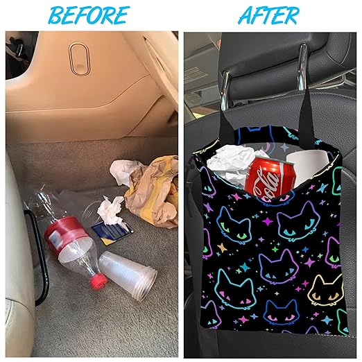 Car Trash Bag Colorful Neon Cat Heads Car Garbage Bag Hanging Car Trash Can for Back Seat with Drawstring, Waterproof Garbage Bags for Accessories Vehicle Travelling Camping Outdoor