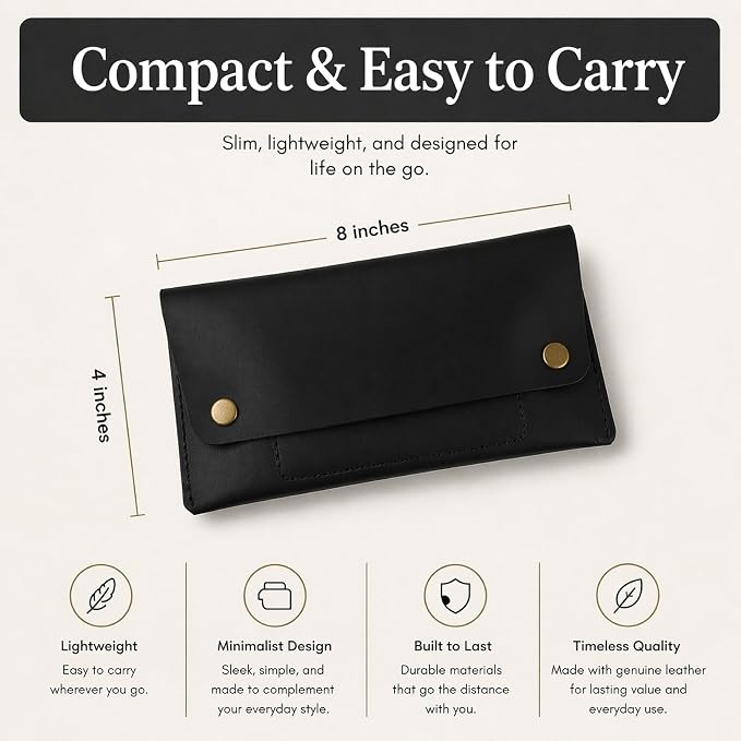 Leather Currency Pouch - Handmade Cash Organizer with Double Button Closure & Zipper Pocket, Compact Money Holder for Travel & Everyday Use, 4 x 8 Inch (Black)