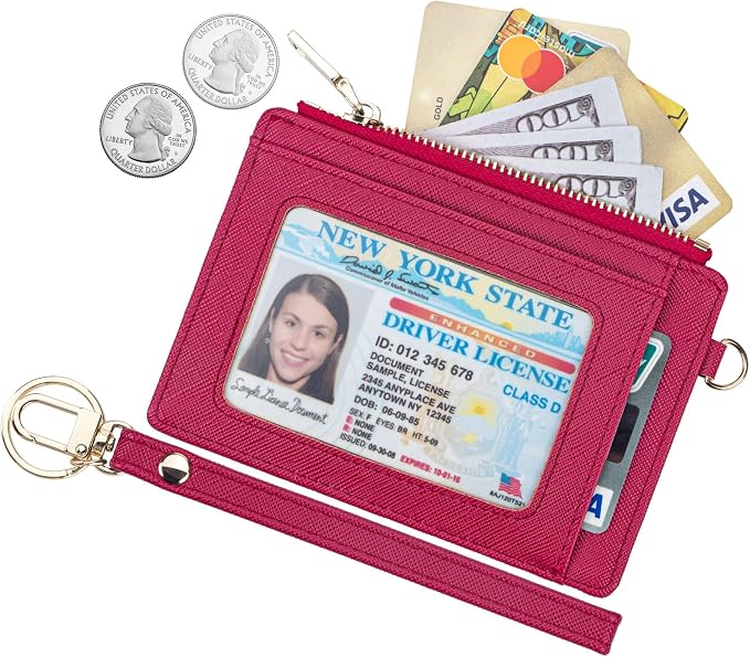 Wikavanli Women Slim Rfid Blocking Credit Card Case Holder Wristlet Zip ID Case Wallet Small Compact Leather Wallet Coin Purse with Keychain (Rose Red)