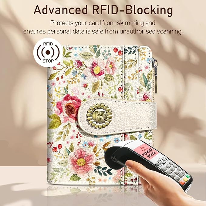 Kelvoris Red Flower Floral Small Rfid Women Wallet Bifold Zipper Coin Pocket PU Leather Compact Cash Credit Card Holder Travel Wallet for Female Ladies Teen Girls 1 ID Window 10 Card Slots