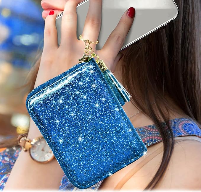 Coco Rossi Women's Small Credit Card Wallet RFID Cute Glitter Card Holder for Women, Navy Blue