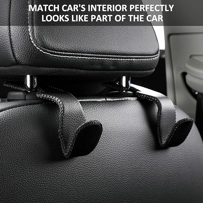 Car Hook Back Seat Headrest Hooks Genuine Leather Hanger Storage Organizer for Handbag Purse Coat Fit Universal Vehicle, 2 Pack, Black&Red