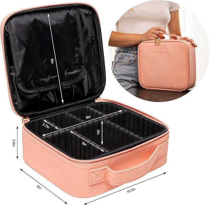 Makeup Bag Travel Case, Not-Made In China, Hard Train Case for Cosmetics, Portable Beauty Artists Organizer, Cosmetic Storage Box With Adjustable Dividers For Make Up and Brushes, Small Pink