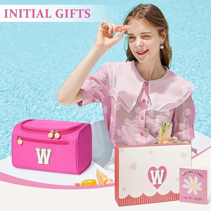 COSHAYSOO Initial Girls Hanging Toiletry Bag Tween Preteen Teenager Easter Birthday Gifts Basket Stuffers for Teen Girl 10-12 12-14 16-18 Travel Trip Favors College Dorm Essentials Pink Letter W