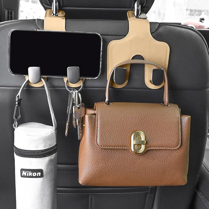 JEYODA Car Hooks for Purses and Bags, Flexible PU Vehicle Storage Hanger, Car Seat Back Organizer, Universal Hidden Multifunctional Headrest Hooks, Home (Style 2-Beige)