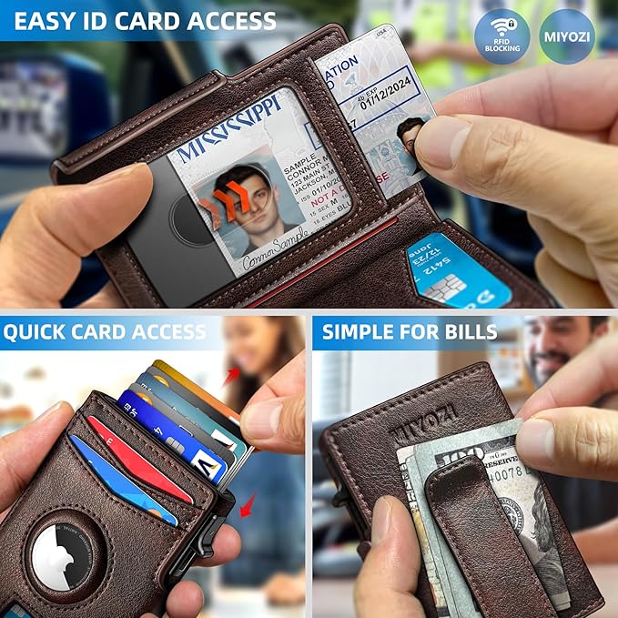 miyozi Airtag Wallet for Men,with Money Clip 10 Cards Metal Case Smart Slim Pop Up Credit Card Holder Flip with Magnetic Closure RFID Blocking wallet with Gift Box