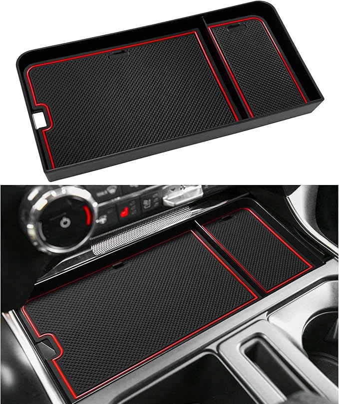 SENSHINE Center Console Organizer Tray for Ford F150 2021-2024/Lightning XLT 2022-2024 Interior Accessories Hidden Insert Storage Box with USB Hole Fit Front Shifter Open Pocket (Red)