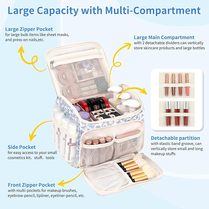 CUBETASTIC Makeup Bag Large, Floral Travel Make Up Case for Women with Removable Partitions & Multi-Pockets, Vertical Storage Cosmetic Pouch & Toiletry Bag (Floral Blue, Large)