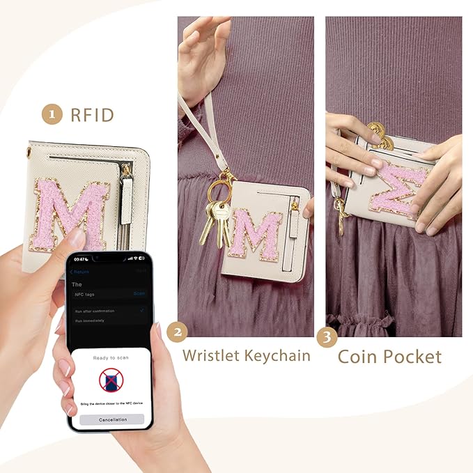 COSHAYSOO Easter Birthday Gifts Initial Wallet for Teenager Girls 8-10 10-12 12-14 14-16 Small RFID Bifold Wallet Travel Purse Unique Preteen Stuff Chenille Letter M Cream