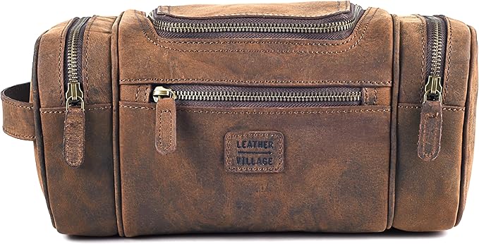 LEATHER VILLAGE Genuine Leather Travel Dopp Kit for Men & Women – Large Capacity Hanging Toiletry Bag with Water-Resistant Lining – Ideal for Travel, Grooming & Gym - Brown