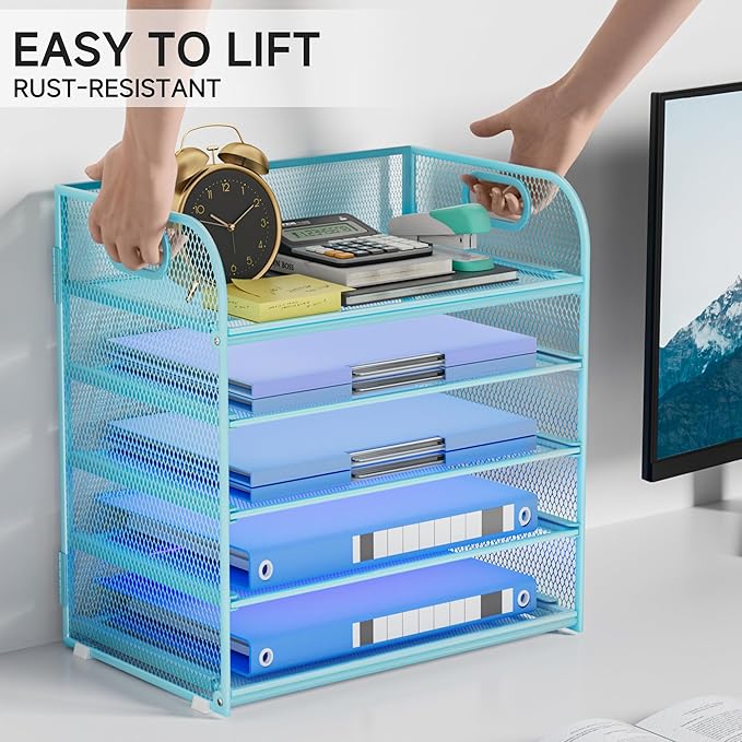 Paper Organizer Letter Tray with Handle Mesh 5-Tier Stackable Desk Organizer for Files/Paper/Office Supplies, Sturdy Carbon Steel Desk Organizer for Home Office & Classroom