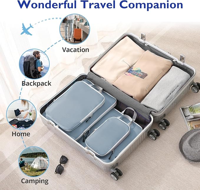Compression Packing Cubes, 8 Set Packing Cubes for Travel Compression, Lightweight Compressible Package Organizer for Carry On and Suitcases, Lake Blue and Grey