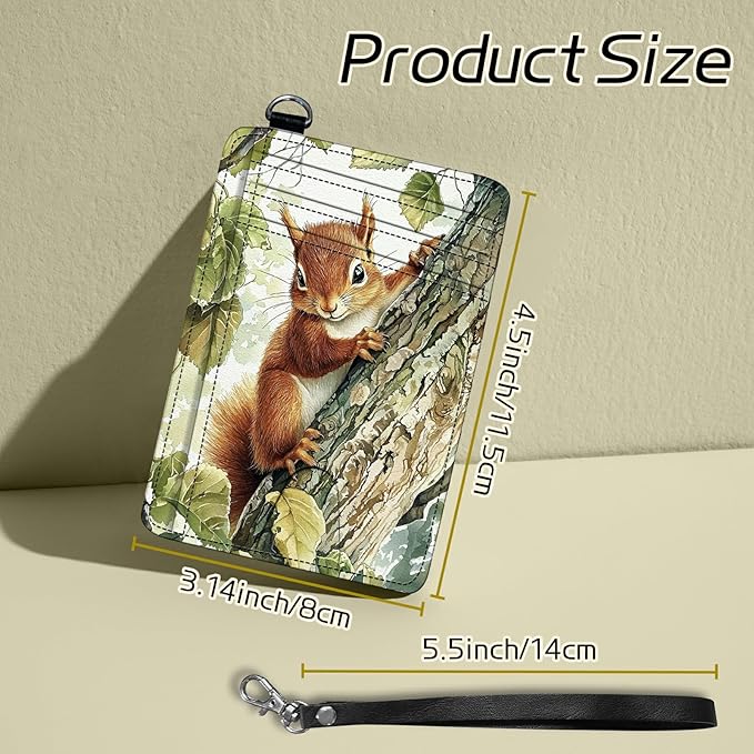 Small Travel Wallets, Squirrel Slim Minimalist Front Pocket Wallet with Wristlet, RFID Blocking PU Leather Credit Card Holder with ID Window Change Purse for Men Women