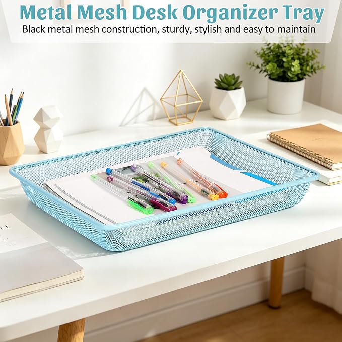 Office Metal Mesh Basket for Desk, Single Paper Tray Organizer, Turn in Trays Classroom, Flat Mail Letter Storage Basket for Office Home Drawers School (5, Blue)