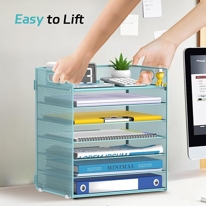 7 Tier Paper Organizer - Mesh Desktop File Holder with Handles for Office School Desk, Black (Blue)