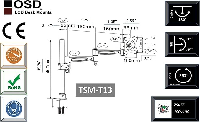OSD Audio TSM-T13 Home and Office Single Arm Extended Desk Mount for 17-inch to 37-inch Monitor