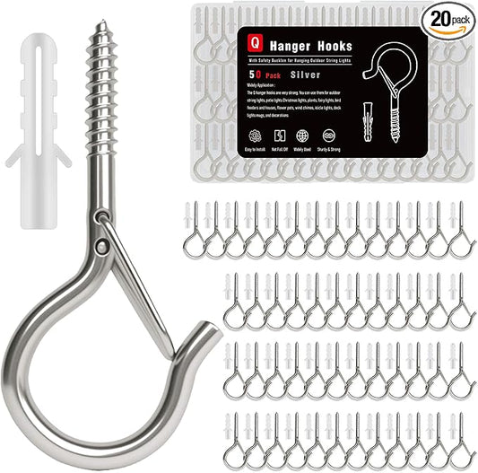 Black Screw Hooks with Safety Lock 2.3" Rustproof Metal Ceiling Hooks for Hanging Plants, Baskets,String Lights & Outdoor Decor, 40LB Capacity (50, Silver)