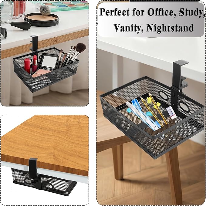 Under Desk Organizer 360° Swivel,under Desk Drawer, Clamp-On No Drill Installation,Sturdy Mesh Storage Drawer for Office,Drawing Room and Kitchen Room,Art Supplies and More(Without Cup Holder)