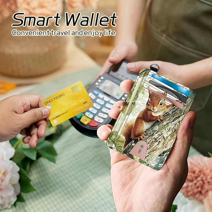 Small Travel Wallets, Squirrel Slim Minimalist Front Pocket Wallet with Wristlet, RFID Blocking PU Leather Credit Card Holder with ID Window Change Purse for Men Women