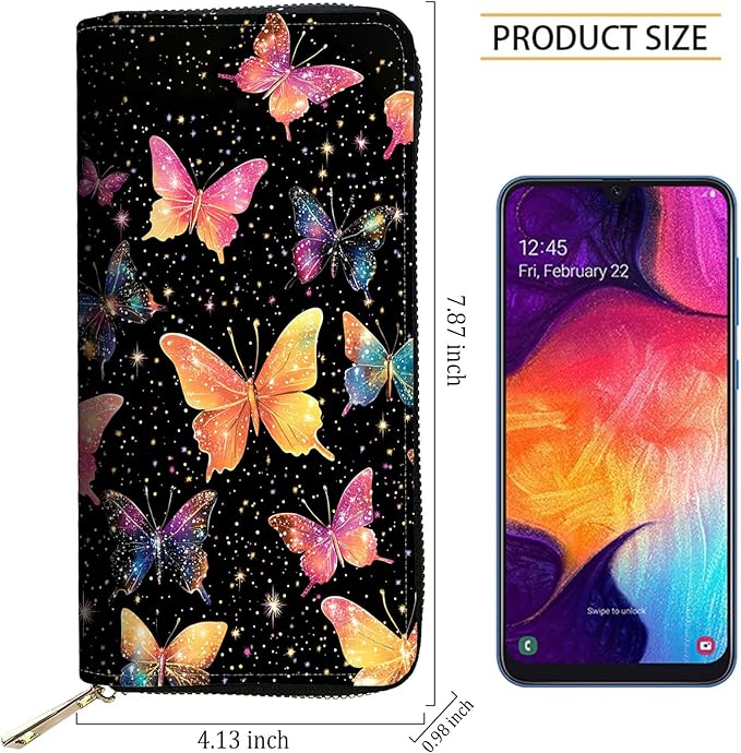 RFID Blocking Leather Wallet for Women – Large Capacity Zip Around Clutch with 8 Card Slots,23 Cash Pockets & Coin Zipper,Colorful Butterfly Art