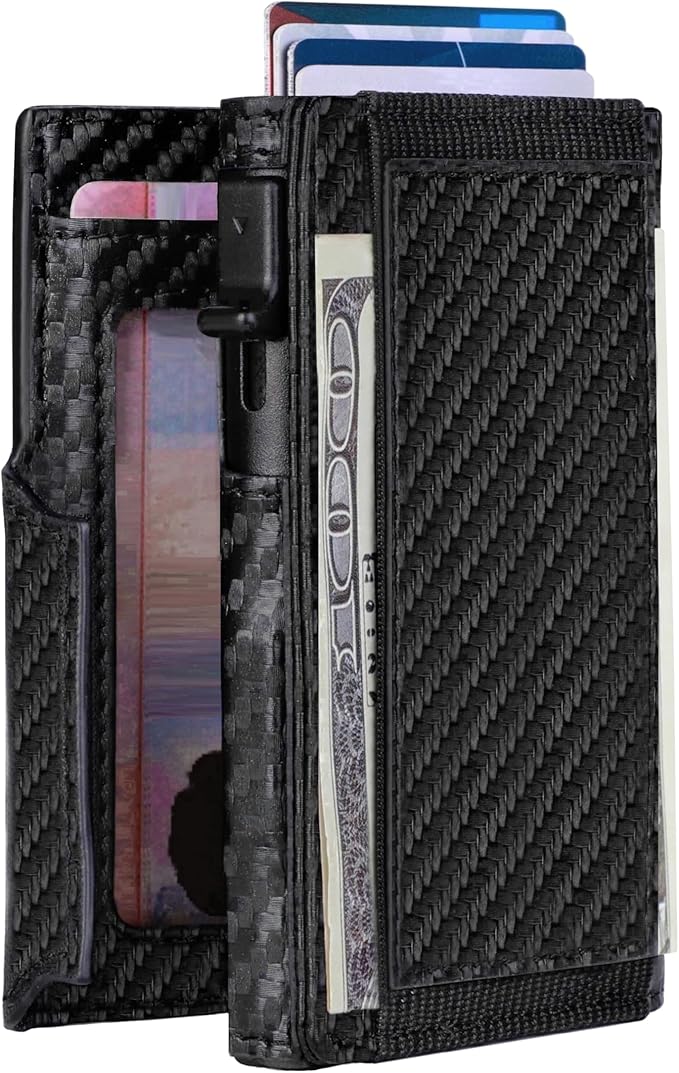 Minimalist Pop Up Wallet for Men | RFID Blocking Credit Card Holder Wallet with Money Clip | Mens Wallet Slim Bifold Front Pocket Metal Case with Gift Box (Premium Carbon Fiber Leather)
