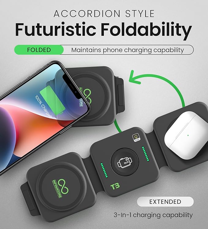InfinaCore 3-in-1 Charging Station for Apple Devices - Travel Essentials- Magnetic Wireless Travel Charger - Foldable Charging Pad for Magsafe iPhone 16 15 14 13 12 Pro Max/Plus, AirPods & Apple Watch