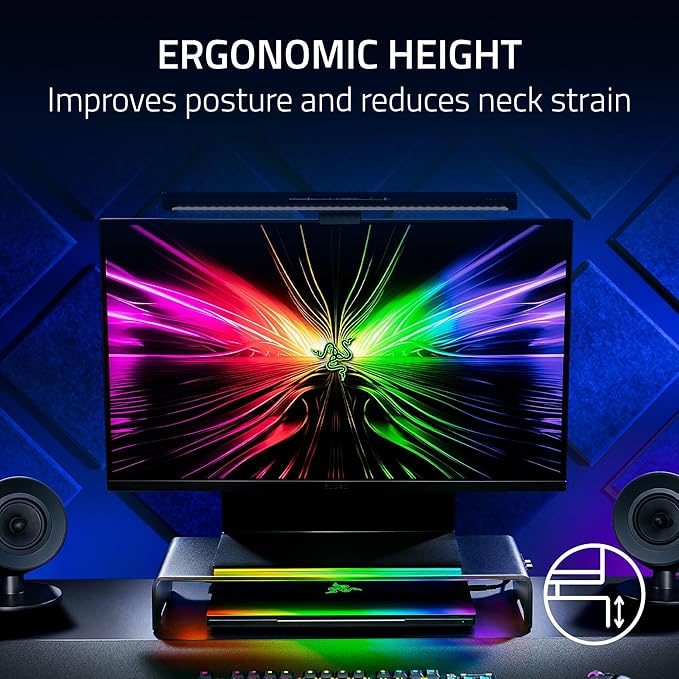 Razer Monitor Stand Chroma - Aluminium monitor stand with 4-way USB-C hub with Chroma RGB (50cm x 21cm x 7.85cm, robust construction, 20 kg load capacity, ergonomic height) Black