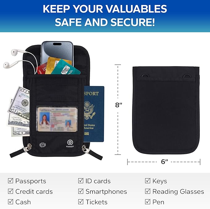 Travel Neck Wallet – Travel pouch and RFID Blocking Passport Holder for Women and Men - Slim Travel Wallet to Keep Your Cash, Passport, Credit Cards Safe.
