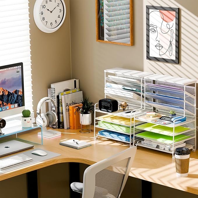 Simple Trending 7 Tier Desk File Organizer, Letter Tray Paper Organizer, Mesh Desk Accessories File Folder for Office, Home or School, White
