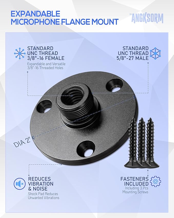 Mic Podium Flange Mounts with Pad KB48 - Microphone Gooseneck Table Mounts with 5/8-27 Male 3/8-16 Female Threads and Mounting Screws, 2PCS