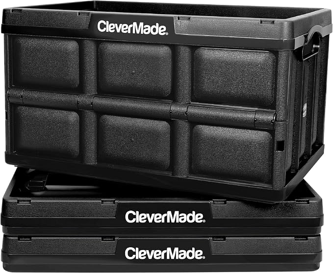 CleverMade Collapsible Storage Bins 46L (3-Pack) – Heavy Duty Collapsible Plastic Storage Bins, Stackable Folding Storage Bins for Car, Garage, Home Organization - Foldable Bins, Obsidian