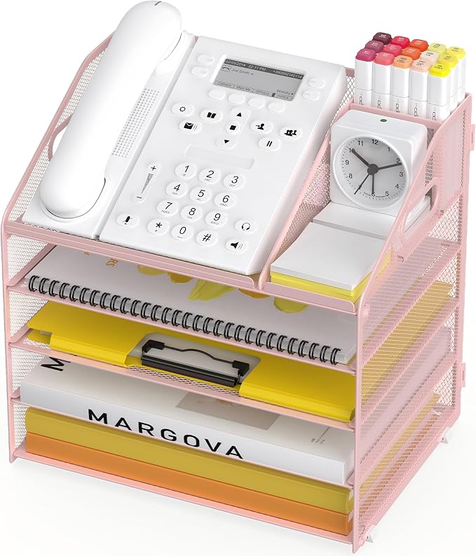 Letter Tray Paper, 5 Tier Desk Organizer with Pen Holder and Handle, Mesh File Organizer Paper Sorter Metal Desktop Document Shelf for Office Home Classroom - Pink