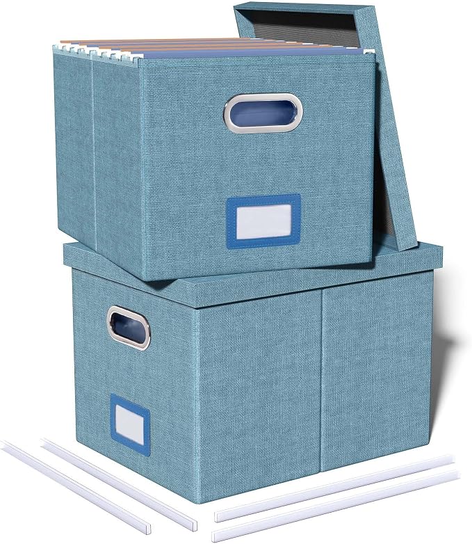 Oterri 2 Pack File Storage Organizer, Filing Box, Portable File Box with Lid, Fit for Letter/Legal File Folder Storage, Document Organizer, Dark-blue