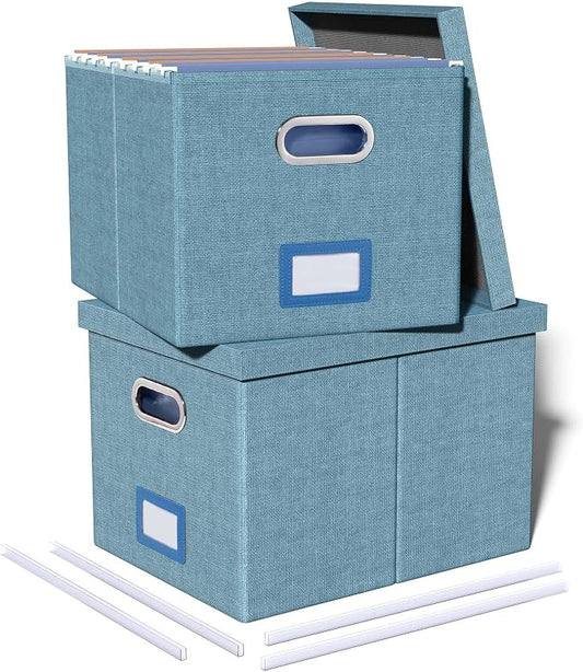 Oterri 2 Pack File Storage Organizer, Filing Box, Portable File Box with Lid, Fit for Letter/Legal File Folder Storage, Document Organizer, Dark-blue