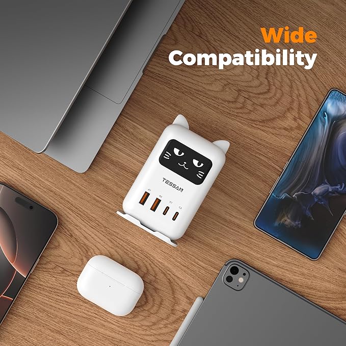 USB C Charger Block PD 65W, TESSAN Charging Station for Multiple Devices, Desktop Tower Charger with 4 USB Ports for iPhone 17/16/15, MacBook, Tablet, Office Home Dormroom