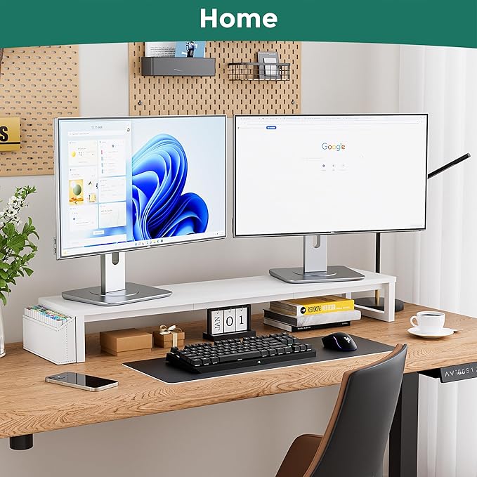Dual Monitor Stand Riser, 41.5'' Extra Long Wood Monitor Stand Desktop Organizer with Side Pocket, Ergonomic Monitor Riser Supports 2 Monitors,TV,Laptop,Printer for Home Office, White