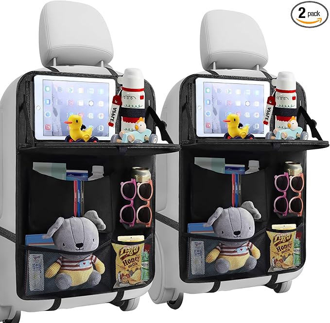 TCJJ Car Seat Organiser, Car Organiser Back Seat for kids, Car Backseat Seat Kick Protector with Tray and Touch Screen Tablet Storage Pockets Black/2 Pack