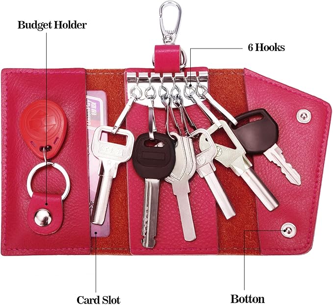 BAKUN Compact Leather Car Key Case, Key Holder Key Organizer Wallet, With 6 Hooks(RoseRed)