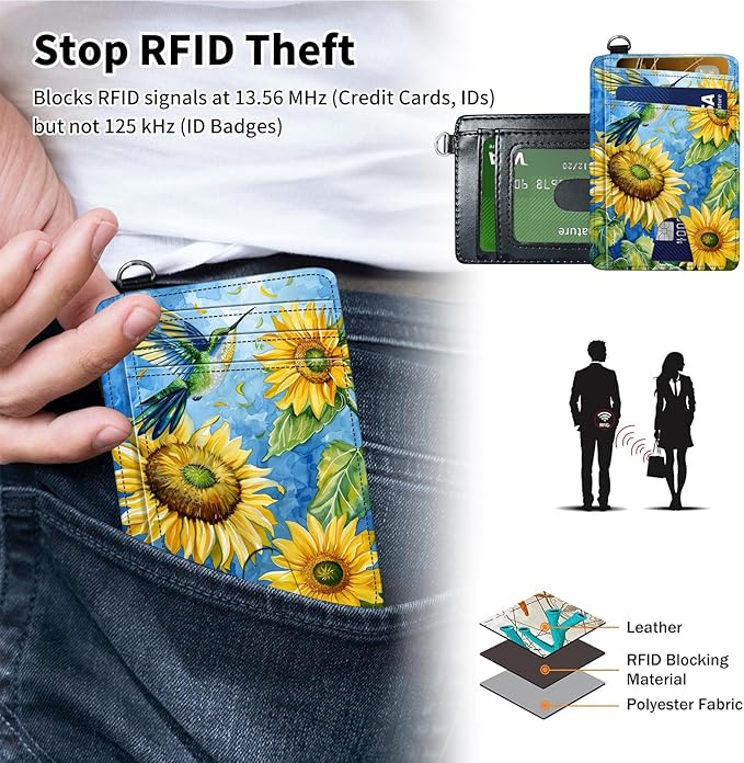 Slim Minimalist Front Pocket Wallet,Credit Card Holder Wallet for Women Men,RFID Blocking Credit Card Holder Case Leather Cute Small Thin Wallet ID Window&Wrist Strap,Watercolor Sunflower Bird