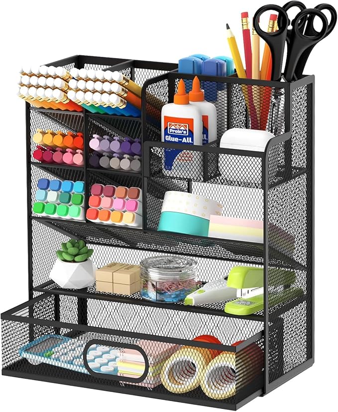 Pen Organizer for Desk - Multi-Functional Pencil Holder with Drawer Desk Organizers, Large Capacity Storage for School Office Home Supplies (Black)