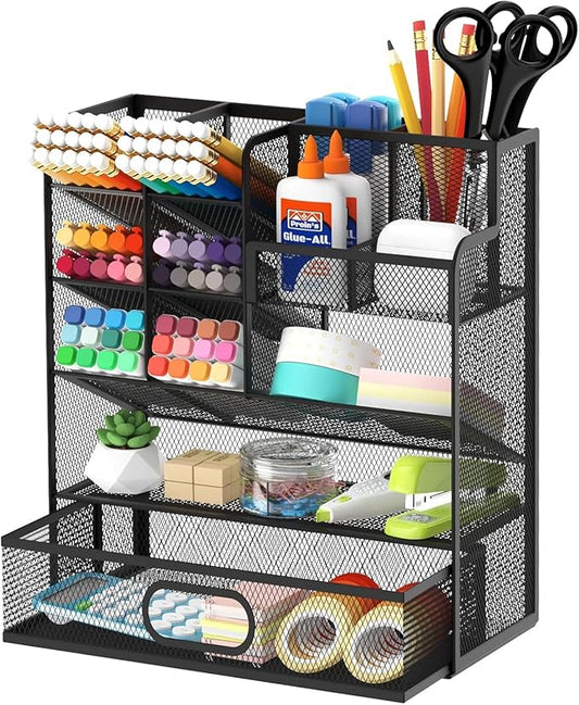 Pen Organizer for Desk - Multi-Functional Pencil Holder with Drawer Desk Organizers, Large Capacity Storage for School Office Home Supplies (Black)
