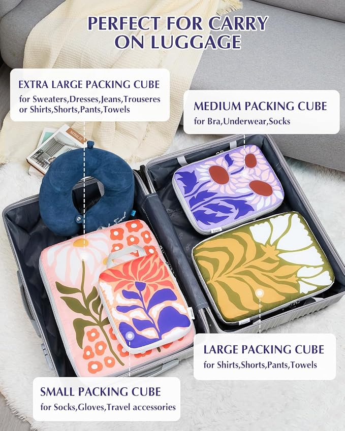 Gonex Compression Packing Cubes, 4pcs Expandable Storage Travel Luggage Bags Organizers, Travel Cubes for Suitcase Carry On (Flowers)
