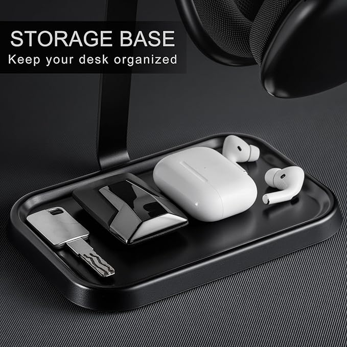 Dual Headphone Stand, Double Balanced Headset Stand with Storage Tray, Heavy Base Gaming Headset Holder for Desk (Black)
