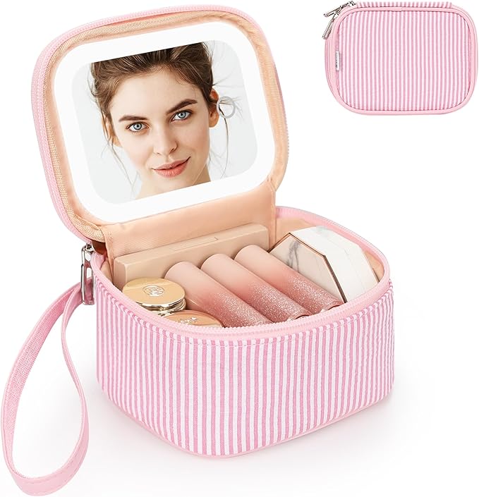 Relavel Mini Makeup Bag with Led Mirror, Small Cosmetic Bag with 3 Light Modes, Rechargeable Portable Makeup Pouch with Hands-Free Wrist Strap for Pool Parties丨Work Touch-Ups丨Travel - Pink Strip