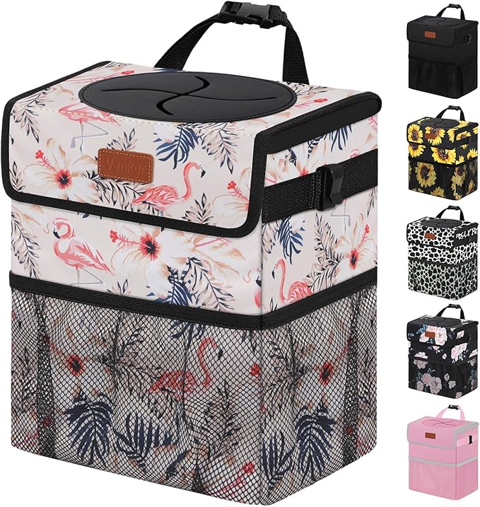 Vankor Cute Car Trash Can, Car Accessories for Women Interior Can Trash Bag Hanging Automotive Garbage Cans Pink Flamingo