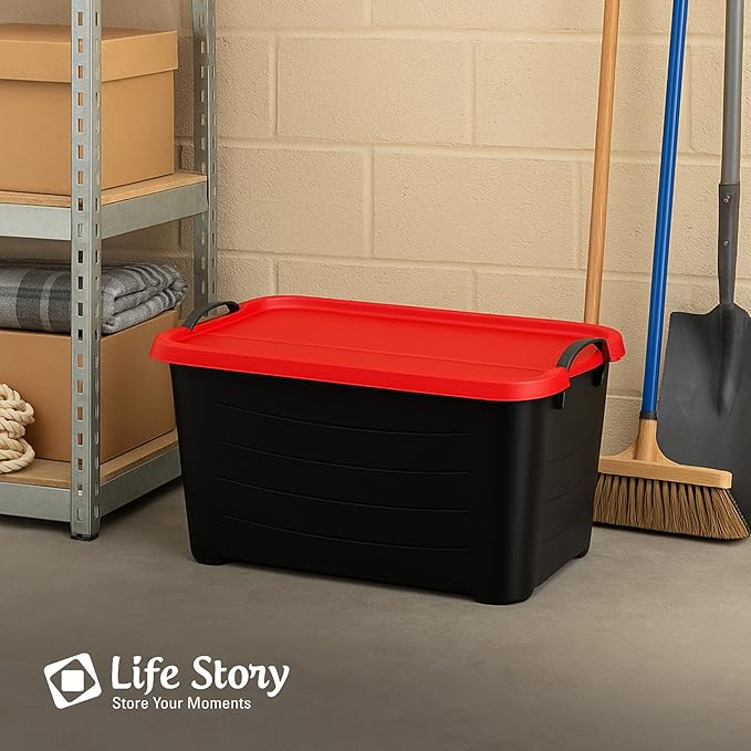 Life Story 6 Pack Heavy Duty Stackable Storage Bin, 55 Quart Home Organizer, Versatile Lightweight Locking Bins with Carrying Handles, Black/Red