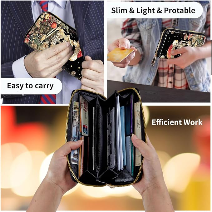 Wallet,Leather Long Wallet Suitable For Ladies And Teenagers - Detachable Wristband + RFID Travel Wallet With Card Slot - Mushroom Skeleton
